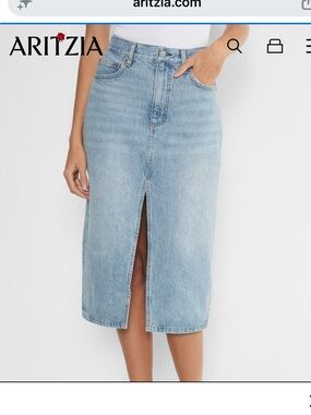 Aritzia Light Blue Denim Midi Skirt with Front Slit The Denim Forum